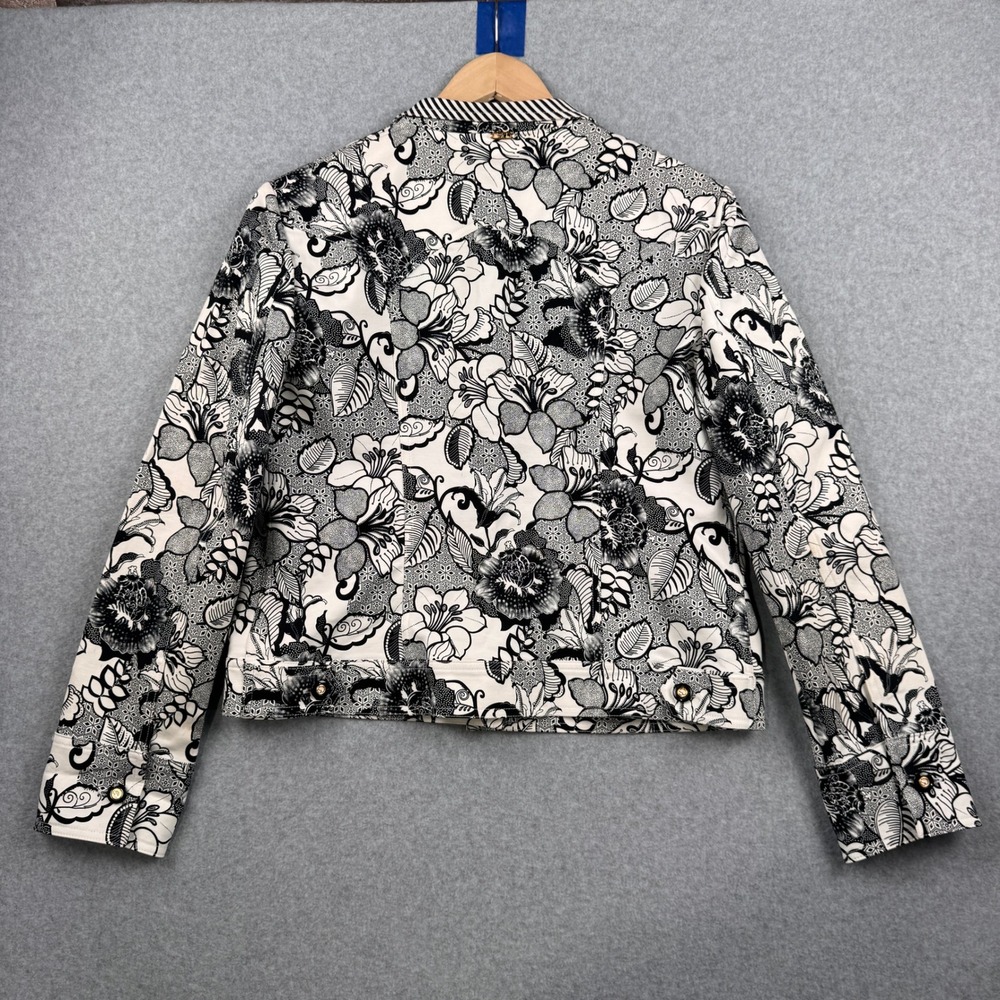 St John Sport Jacket Womens Medium Black White Floral Button Up Cotton Stretch - Picture 2 of 13
